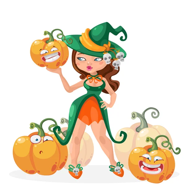 Halloween witch girl with funny pumpkins vector illustration — Stock Vector