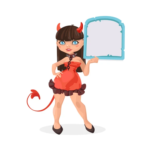 Halloween witch brunette devil girl with message board — Stock vektor