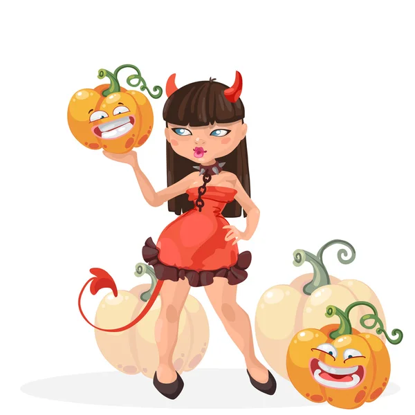 Halloween bruja diablo chica con divertido calabazas vector ilustración — Vector de stock
