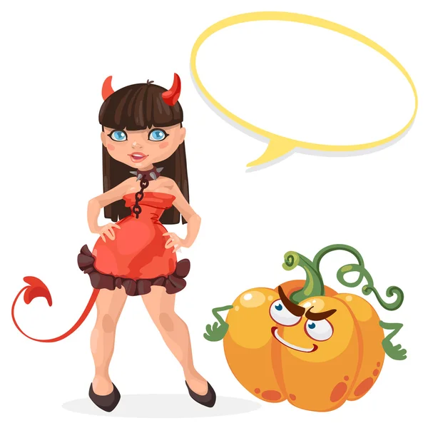 Halloween Hexe Teufel Mädchen mit Message Board Vektor Illustration — Stockvektor