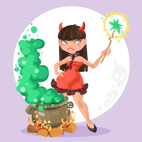 Halloween čarodějnice ďábel dívka s kotlem lektvar na pozadí — Stockový vektor
