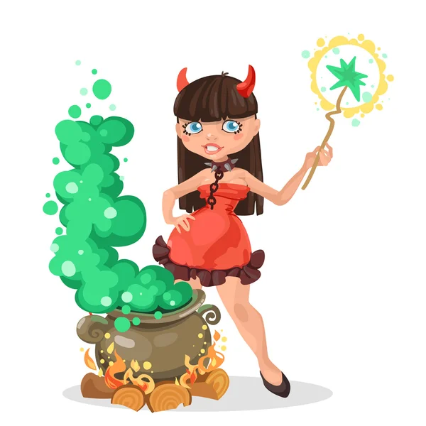 Halloween witch devil girl with the boiler of potion — Stock Vector