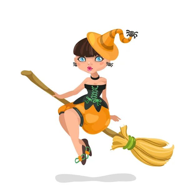 Halloween witch girl on a broomstick — Stock Vector