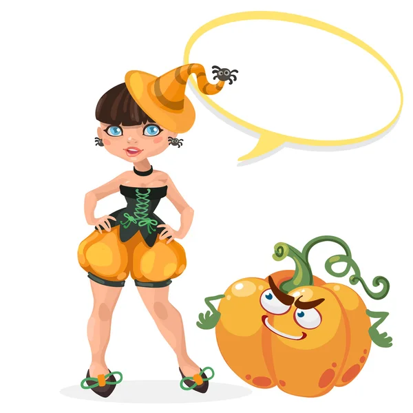 Halloween witch girl with message board vector illustration — Stock Vector