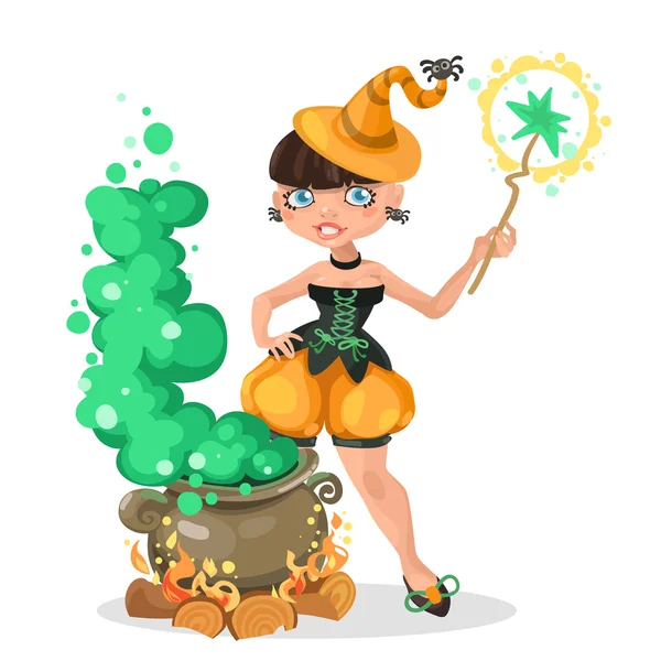 Halloween witch devil girl with the boiler of potion — Stock Vector