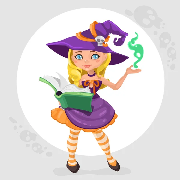 Halloween čarodějnice dívka s knihou — Stockový vektor