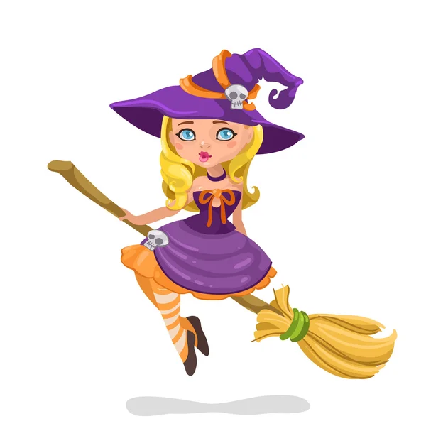 Halloween witch girl on a broomstick — Stock Vector