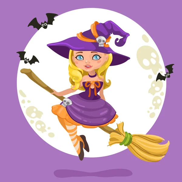 Halloween witch girl on a broomstick on Halloween background — Stock Vector