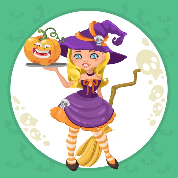 Halloween witch girl with funny pumpkin — Stock Vector