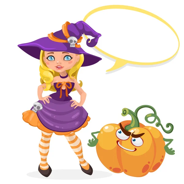 Halloween witch girl with message board vector illustration — Stock Vector