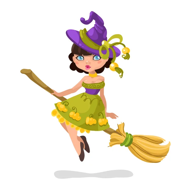 Halloween witch girl on a broomstick — Stock Vector