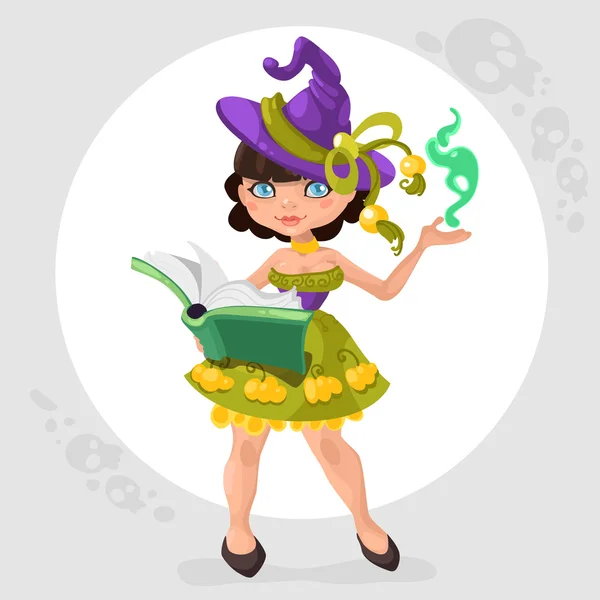 Halloween witch girl with book — Stock Vector