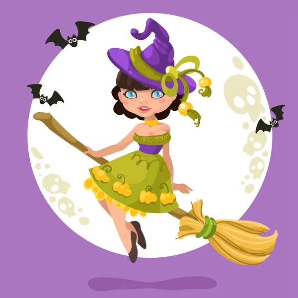 Chica bruja de Halloween en un palo de escoba en el fondo de Halloween — Vector de stock