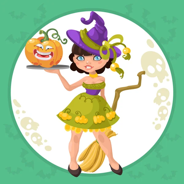 Halloween witch girl with funny pumpkin — Stock Vector