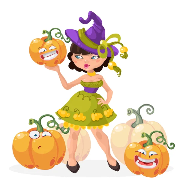 Bruja de Halloween chica con calabazas divertidas vector de la ilustración — Vector de stock