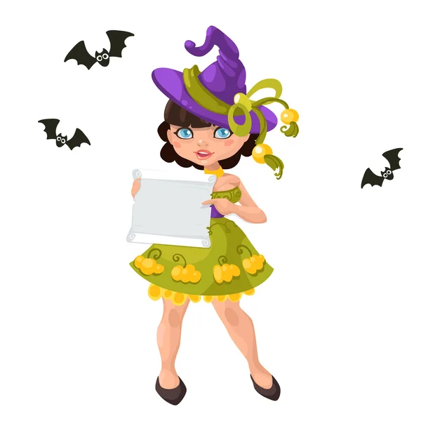 Halloween witch girl with message board vector — Stock Vector