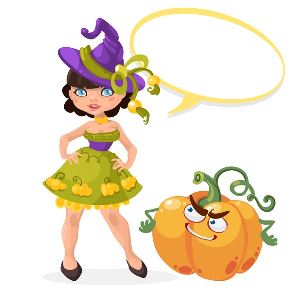 Halloween čarodějnice dívka s message board vektorové ilustrace — Stockový vektor