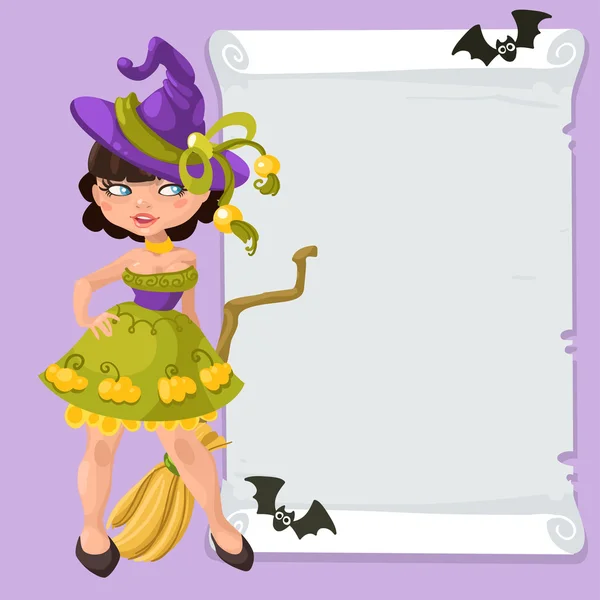 Halloween witch girl with message board — Stock Vector