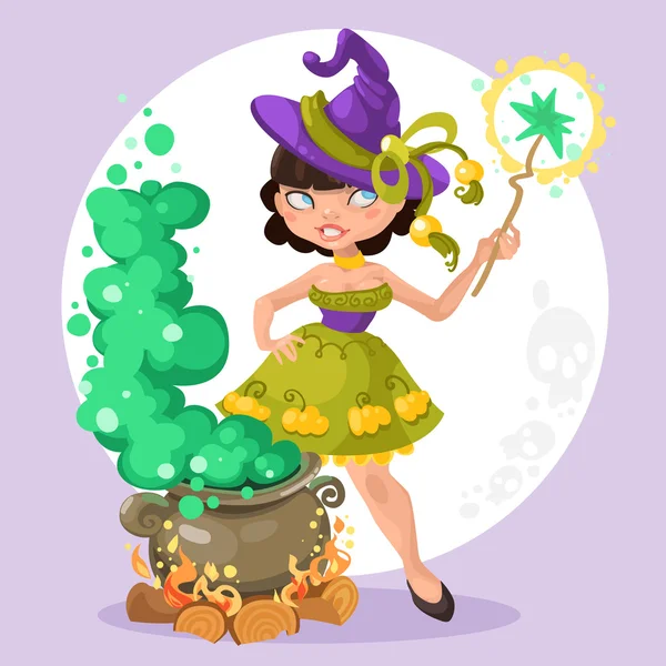 Halloween witch girl with the boiler of potion on background — Stock Vector