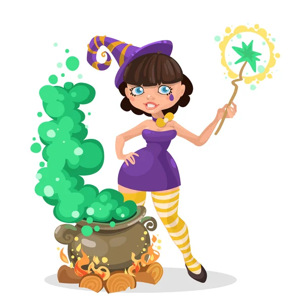 Halloween Hexenmädchen mit dem Kessel des Zaubertranks — Stockvektor