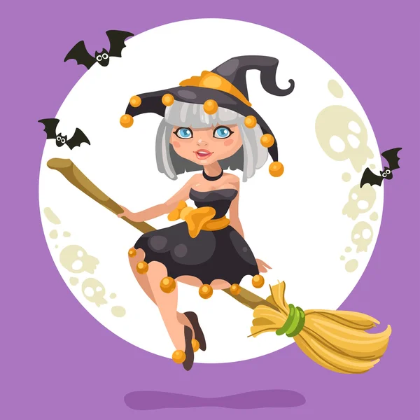 Halloween čarodějnice dívka na koštěti na halloween pozadí — Stockový vektor