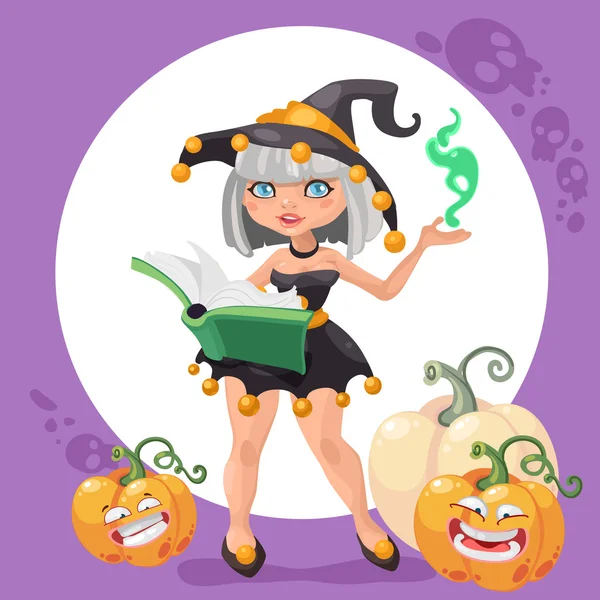 Halloween witch girl with book and pumpkins — Stock Vector