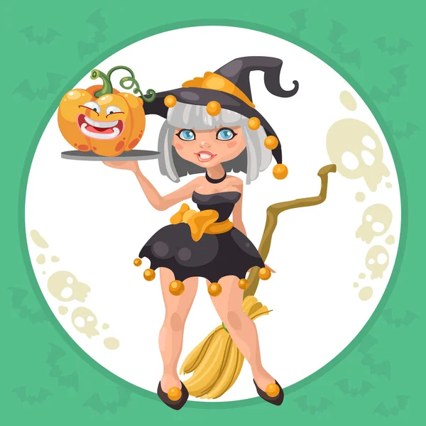 Halloween witch girl with funny pumpkin — Stock Vector