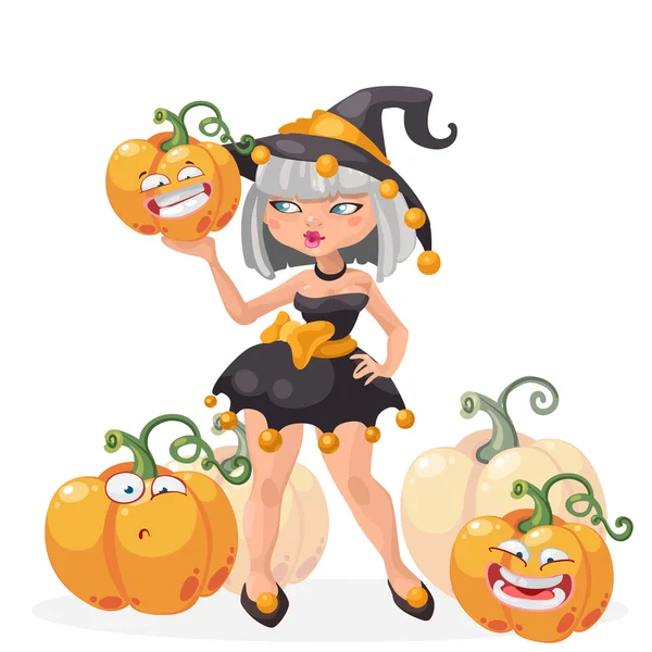 Halloween čarodějnice dívka s legrační dýně vektorové ilustrace — Stockový vektor