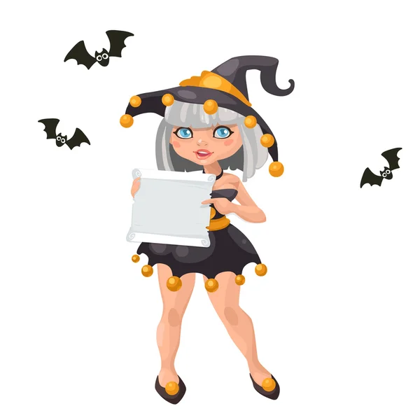 Halloween witch girl with message board vector — Stock Vector