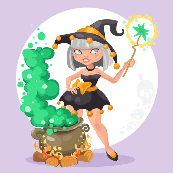 Halloween witch girl with the boiler of potion on background — Stock Vector