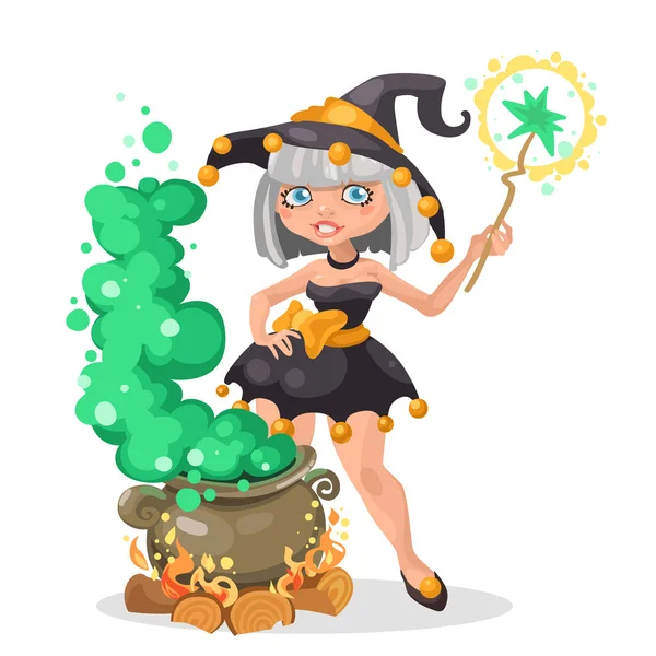 Halloween witch girl with the boiler of potion — Stock Vector