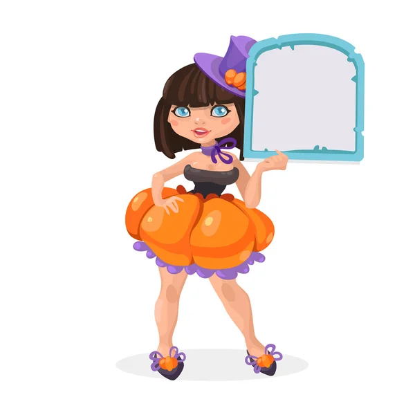 Halloween witch brunette girl with message board — Stock Vector