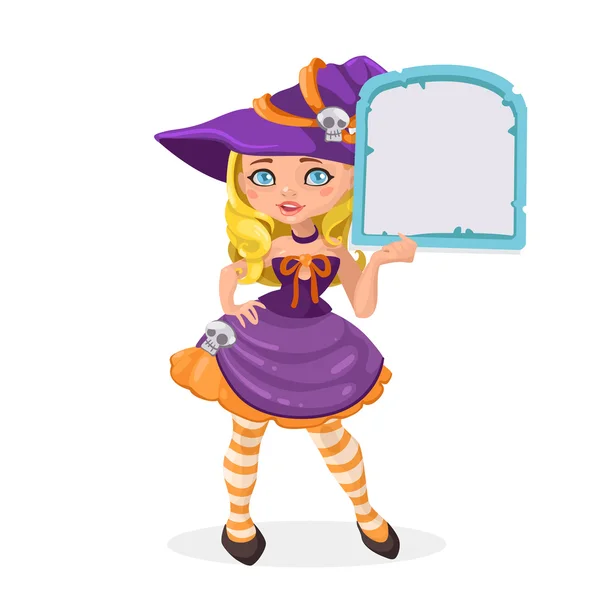 Halloween witch brunette girl with message board — Stock Vector