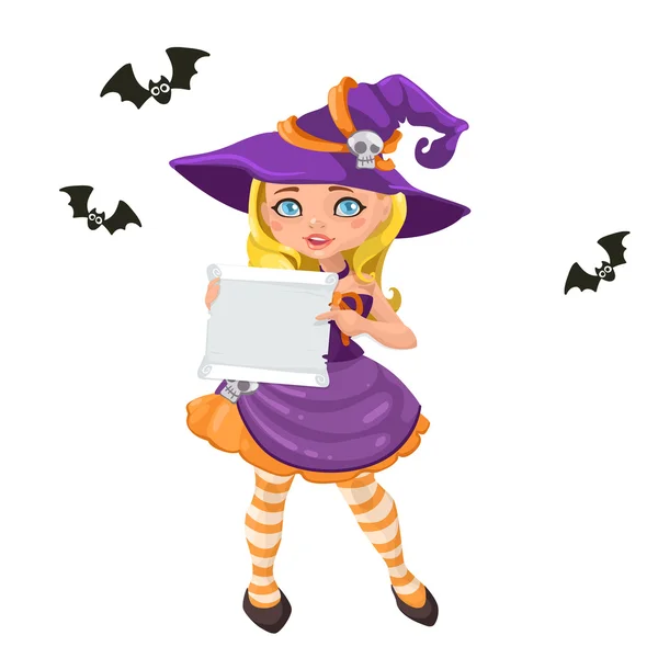 Halloween witch girl with message board vector — Stock Vector