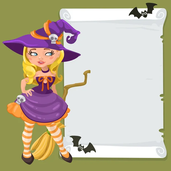 Halloween witch girl with message board — Stock Vector
