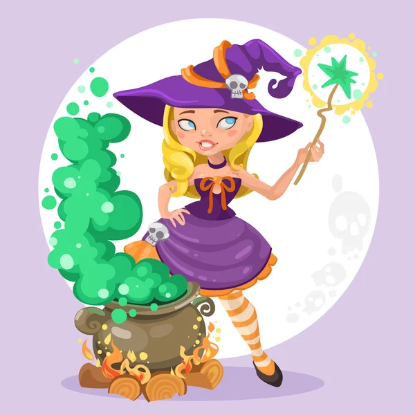 Halloween witch girl with the boiler of potion on background — Stock Vector