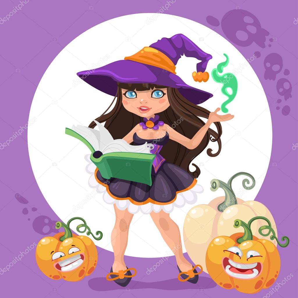 Halloween witch girl with book and pumpkins