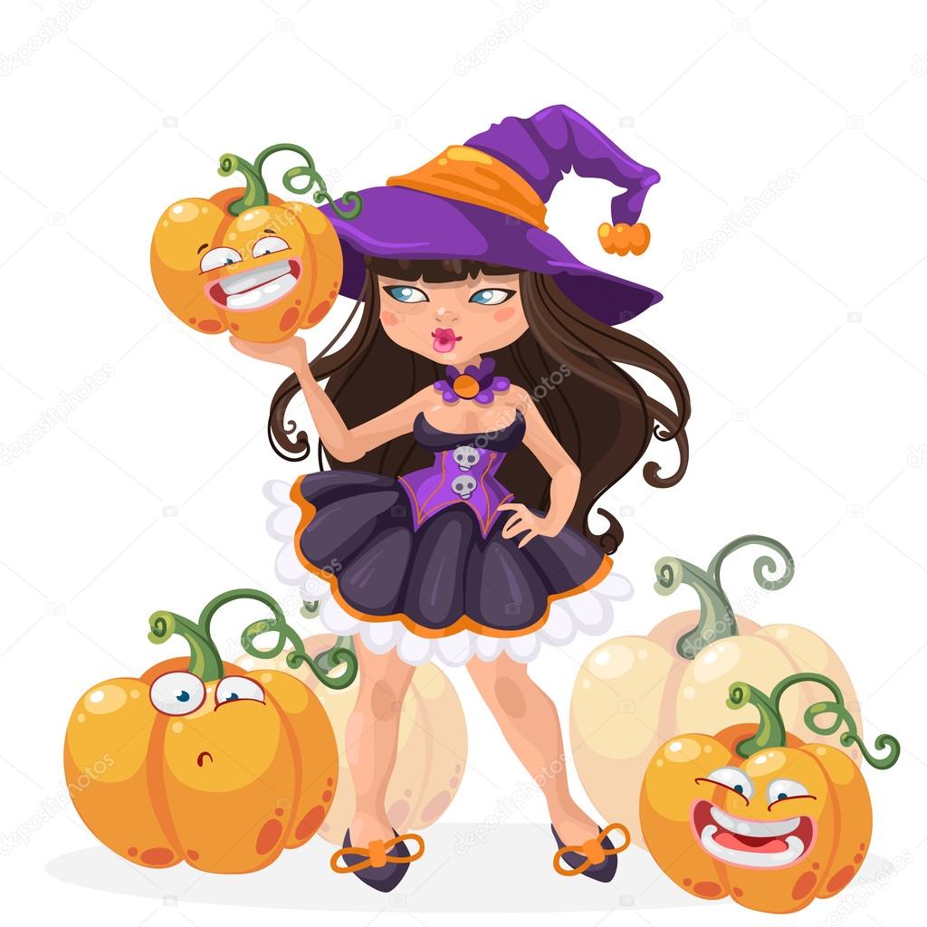 Halloween witch girl with funny pumpkins vector illustration