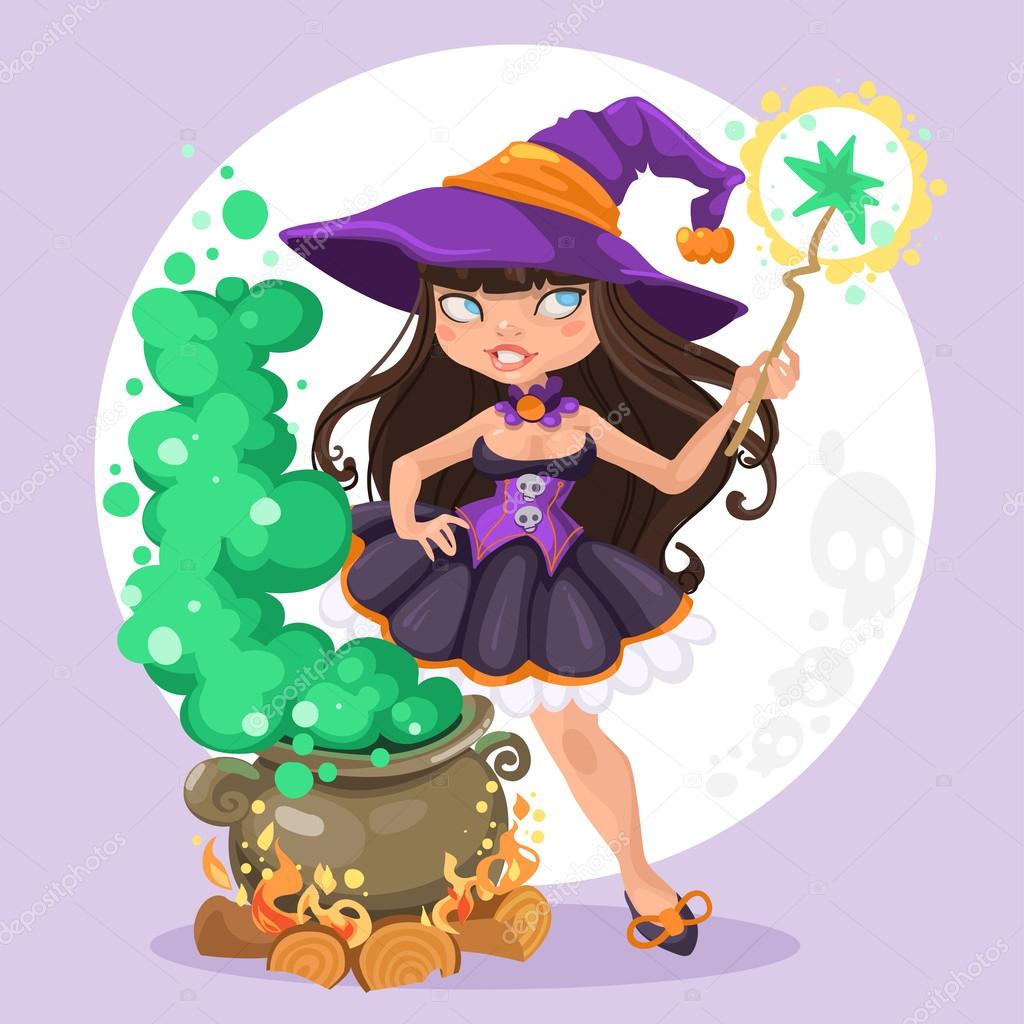 Halloween witch girl with the boiler of potion on background