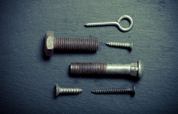 Old instruments on black background. Top view. Toned — Stock Image Old instruments on black background. Top view. Toned Stock Image