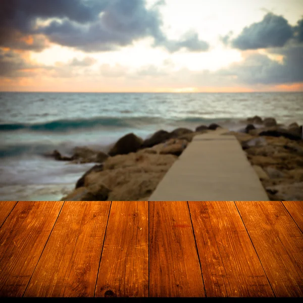Beautiful view of the Mediterranean Sea over old dark wooden tab — Stock Photo, Image