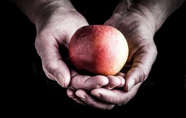 Yaşlı kadınların elinde sulu elma kapatın. Tonda