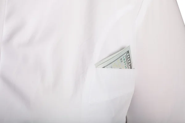 Докторська кишеня з грошима на білому тлі — стокове фото