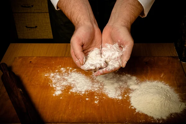 The process of making home bread by male hands. Toned — Stock Photo, Image