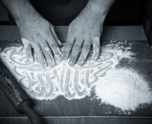 The process of making home bread by male hands. Toned — Stock Photo, Image