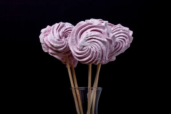 Fresh pink homemade zephyr - marshmallow on black background — Stock Photo, Image