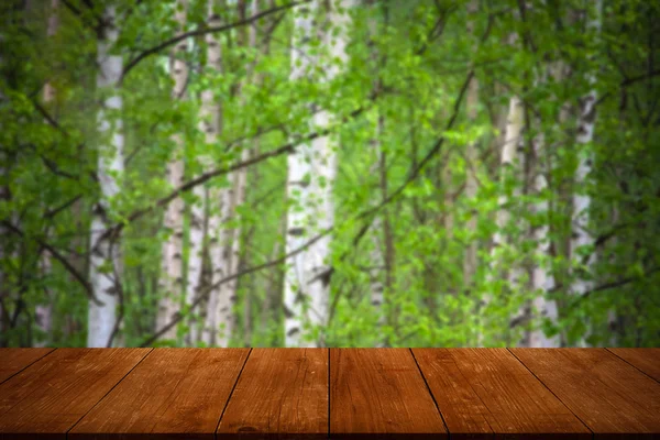 View from dark wooden gangway, table or bridge to the forest. Co — Stock Photo, Image