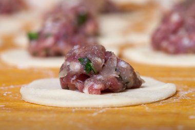 Mantı - Rus mantı. Pişirme işlemi. Seçici odak