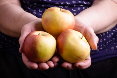 Yaşlı bir kadın elinde taze elma. Tonda