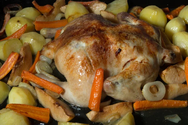 Chiken with potato and other vegetables on pan. Selective focus — Stock Photo, Image